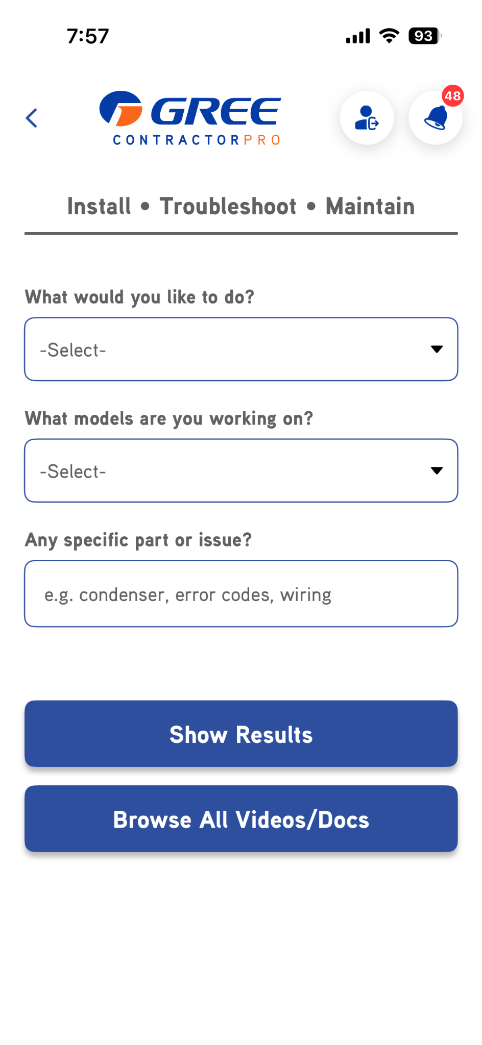 GREE Contractor Pro guided equipment and task search
