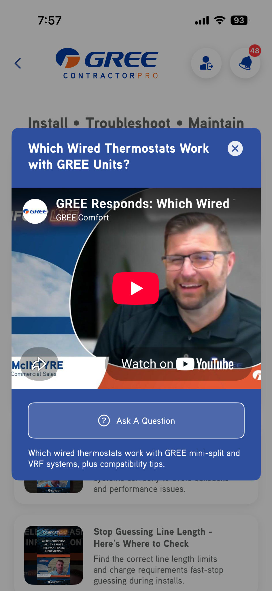 GREE Contractor Pro showing a concise technical answer video