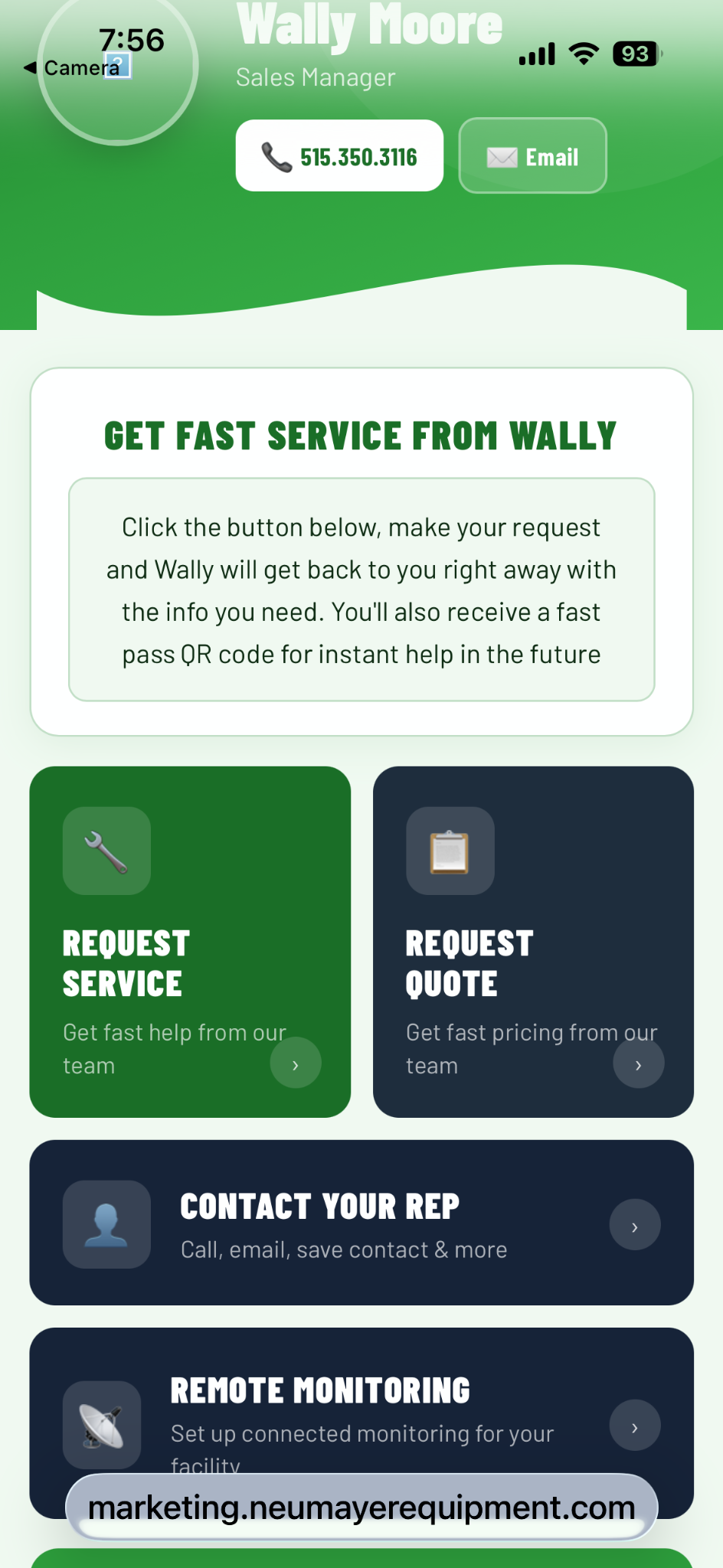 Neumayer microsite with service, quote, contact, and monitoring options