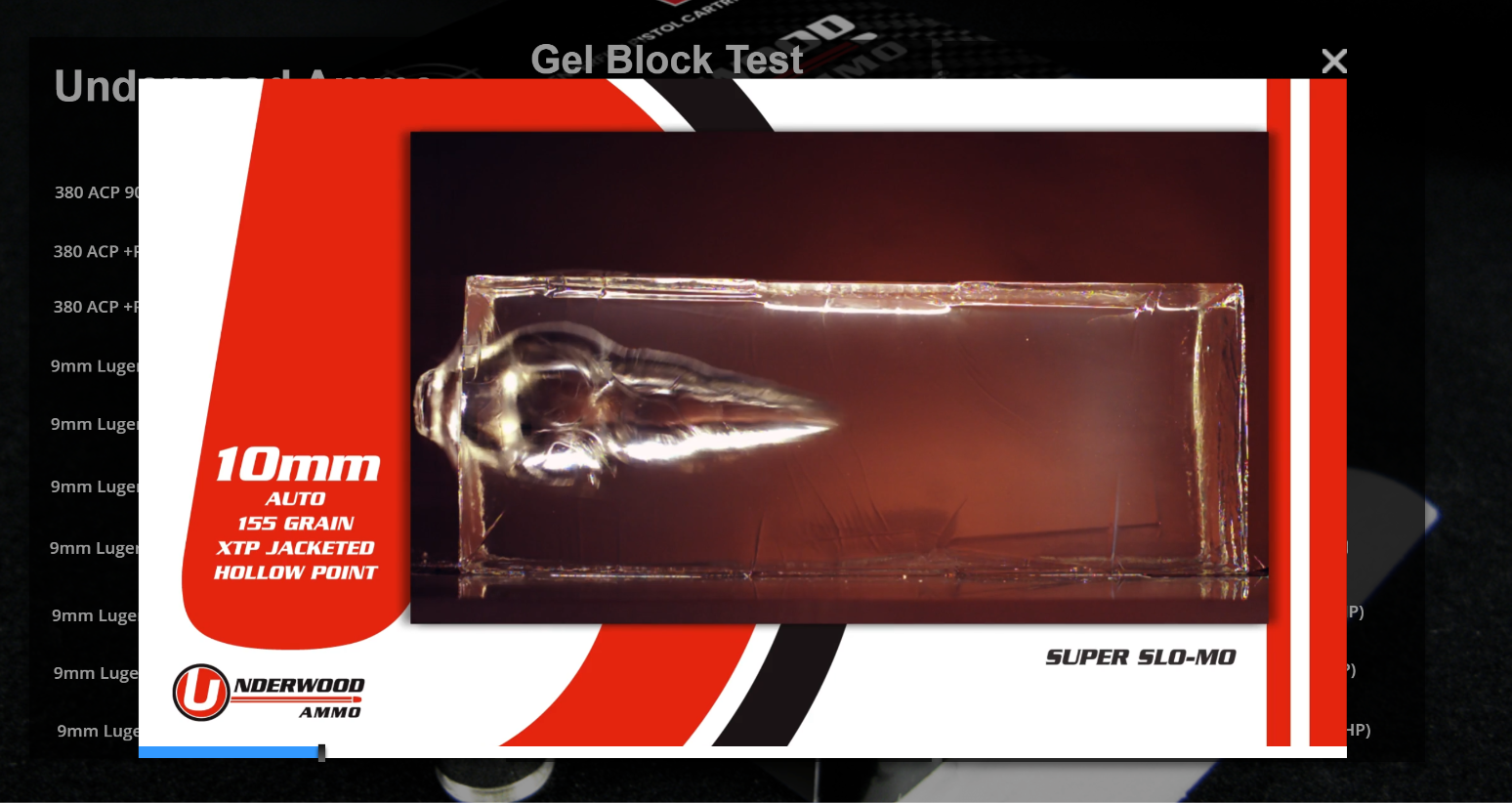 10mm ammunition impact shown in a clear gel block