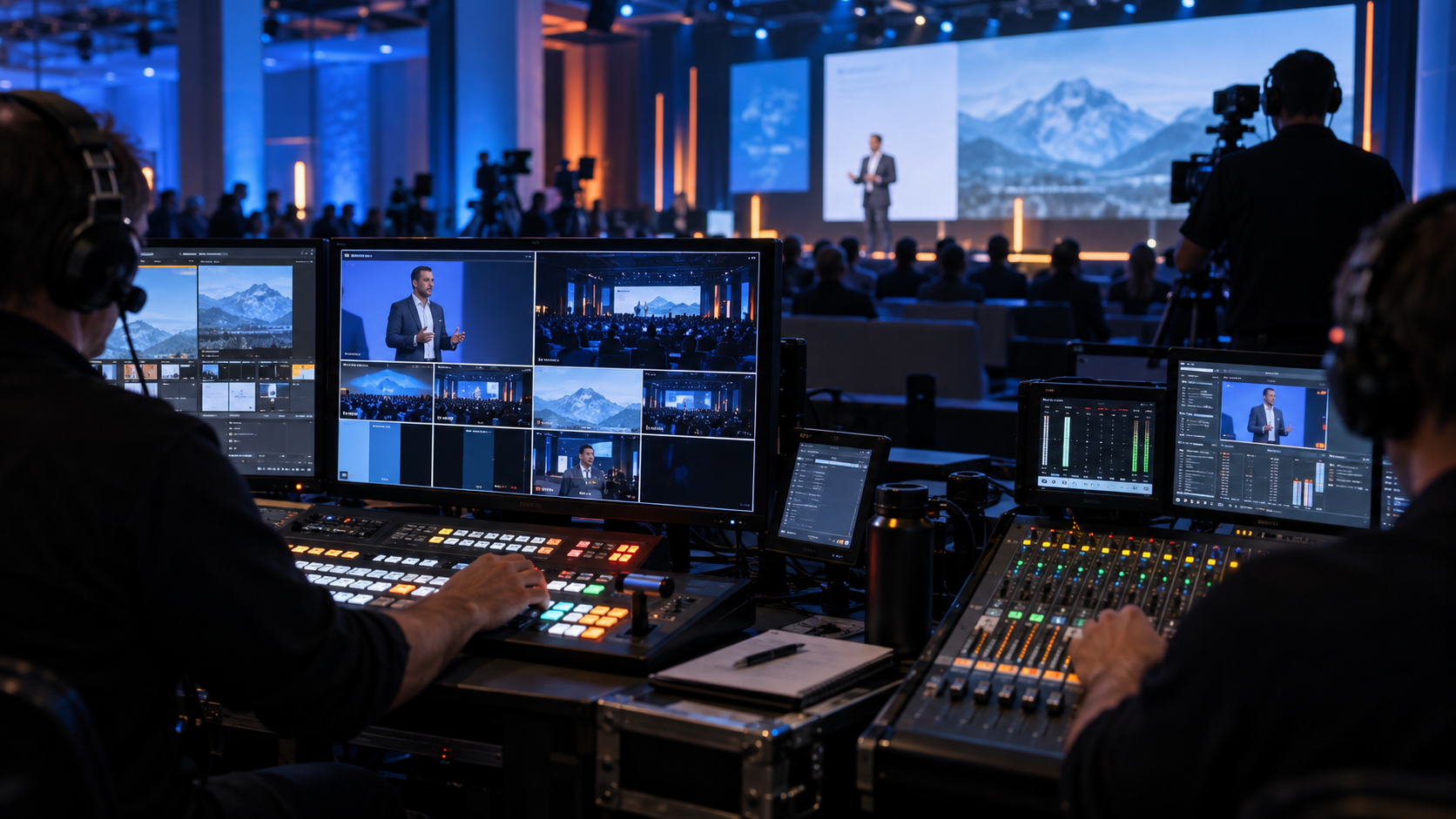 Live event production team managing a corporate presentation